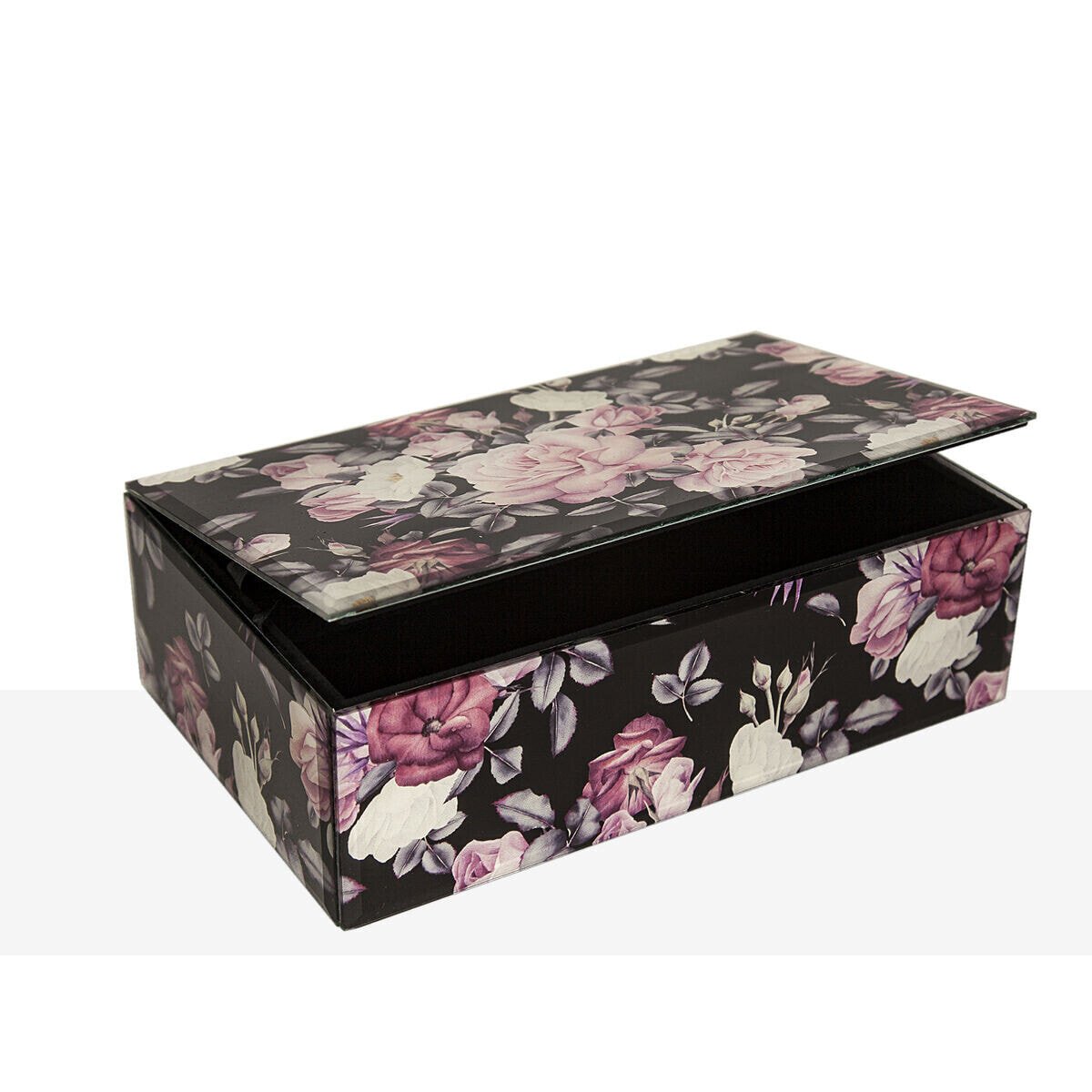 Decorative box Romimex Black Pink Black/Pink Glass Flowers 21 x 7 x 13 cm