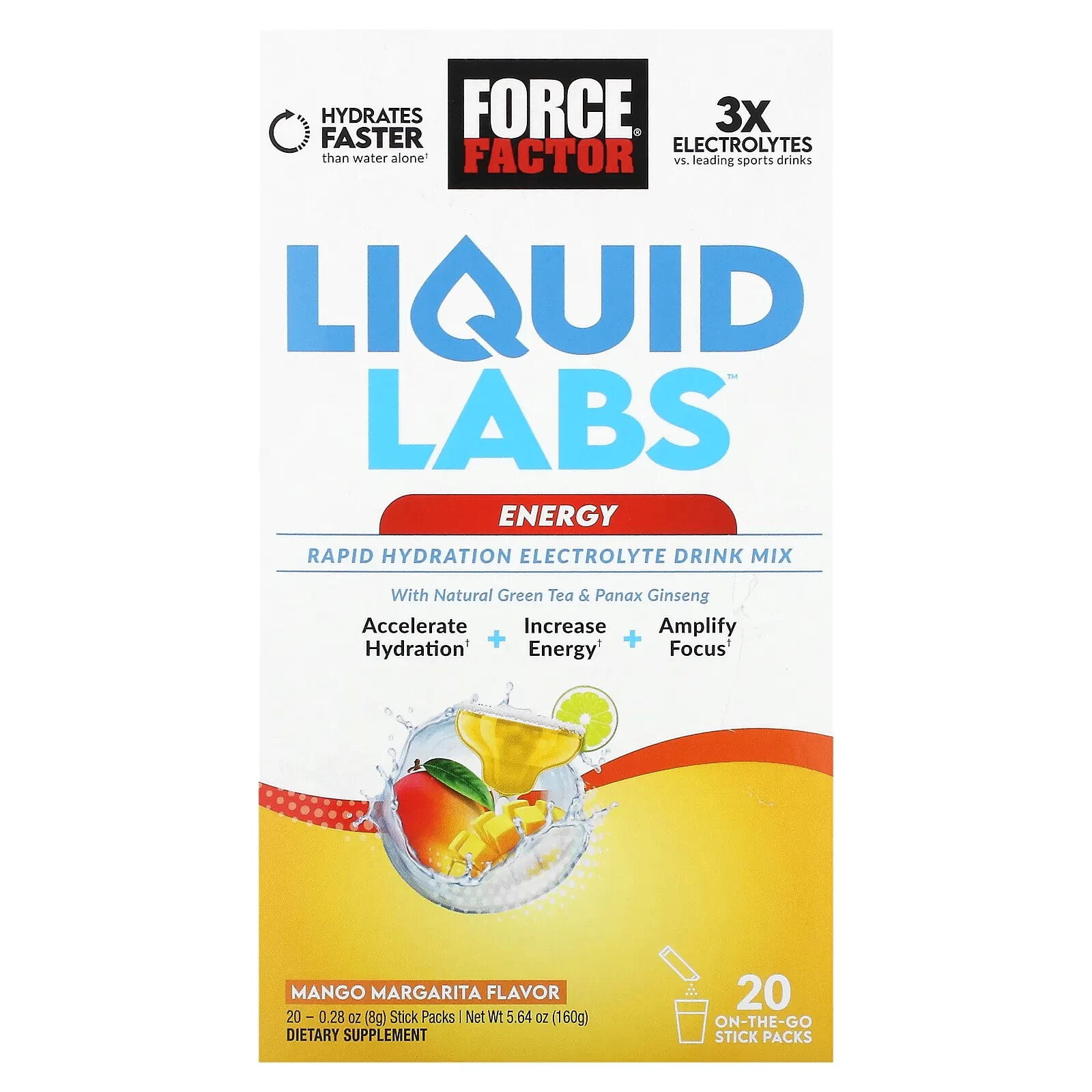 Liquid Labs Energy, Rapid Hydration Electrolyte Drink Mix, Mango Margarita, 20 Stick Packs, 0.28 oz (8 g) Each