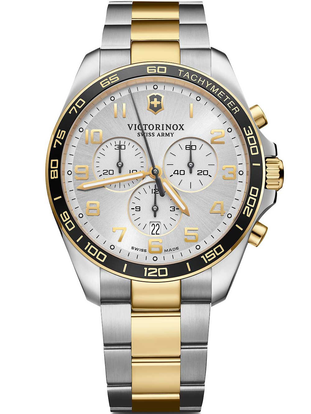 Мужские наручные часы с серебряным золотым браслетом Victorinox 241903 Fieldforce chronograph 42mm 10ATM
