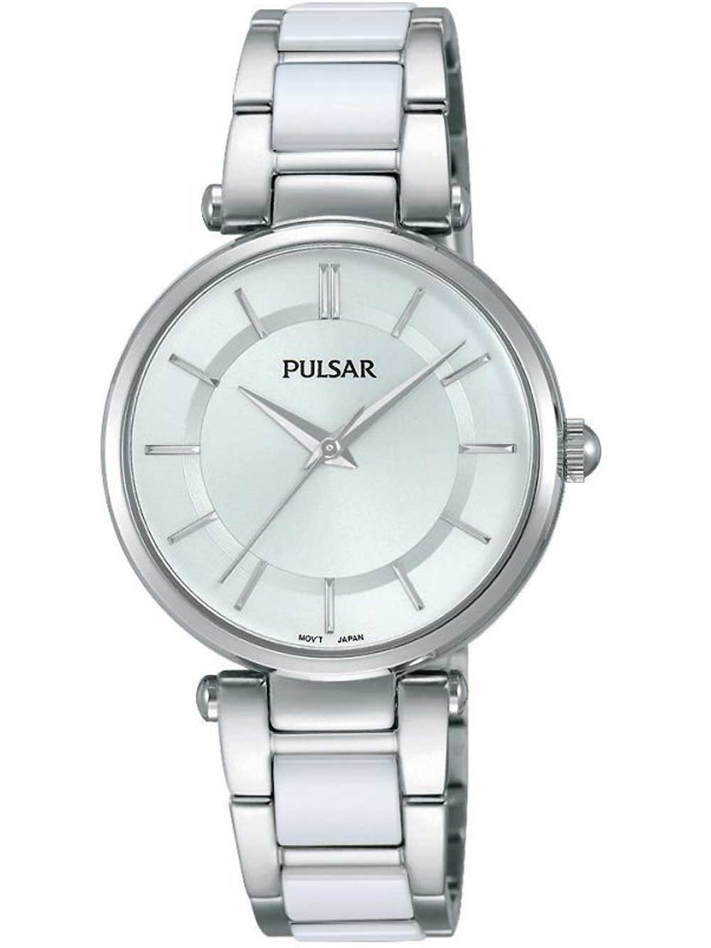 Женские наручные кварцевые часы Pulsar ремешок из нержавеющей стали и керамики.
