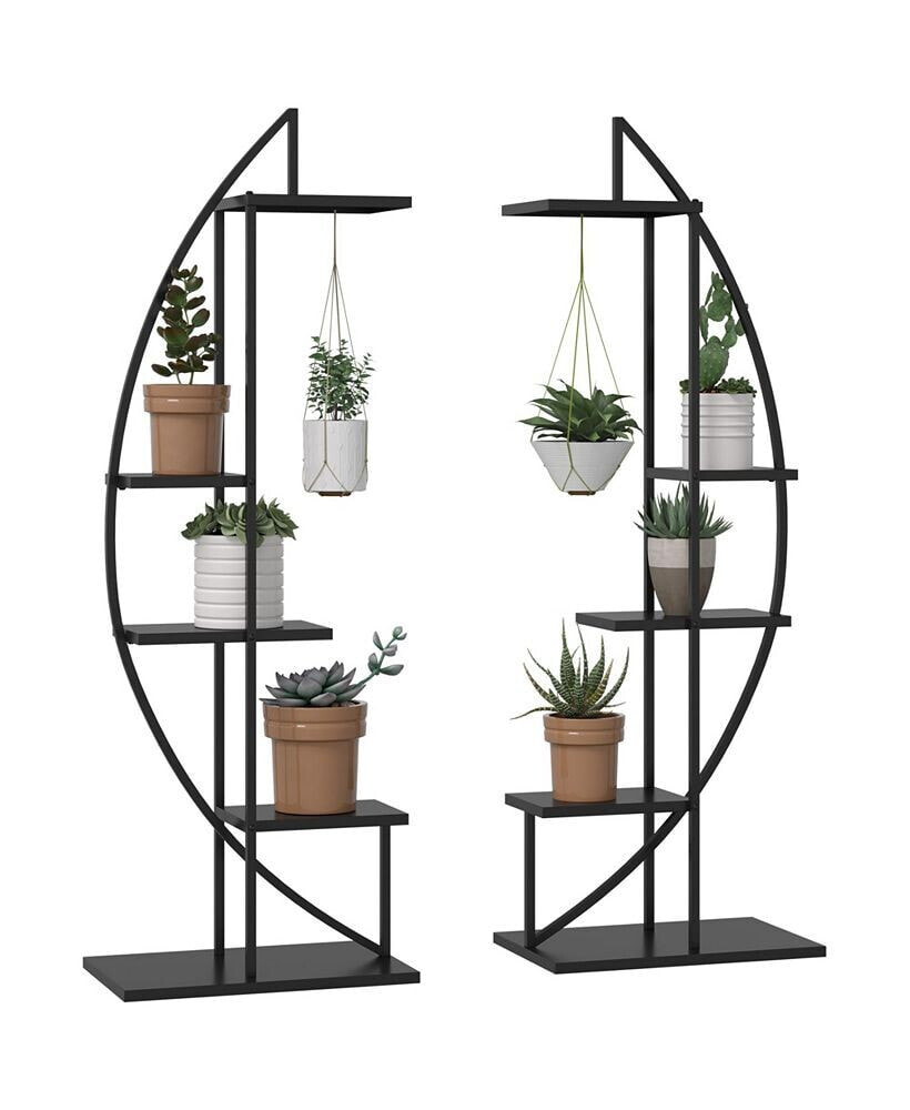Outsunny 5 Tier Metal Plant Stand Half Moon Shape Ladder Flower Pot Holder Shelf for Indoor Outdoor Patio Lawn Garden Balcony Decor, 2 Pack, Black