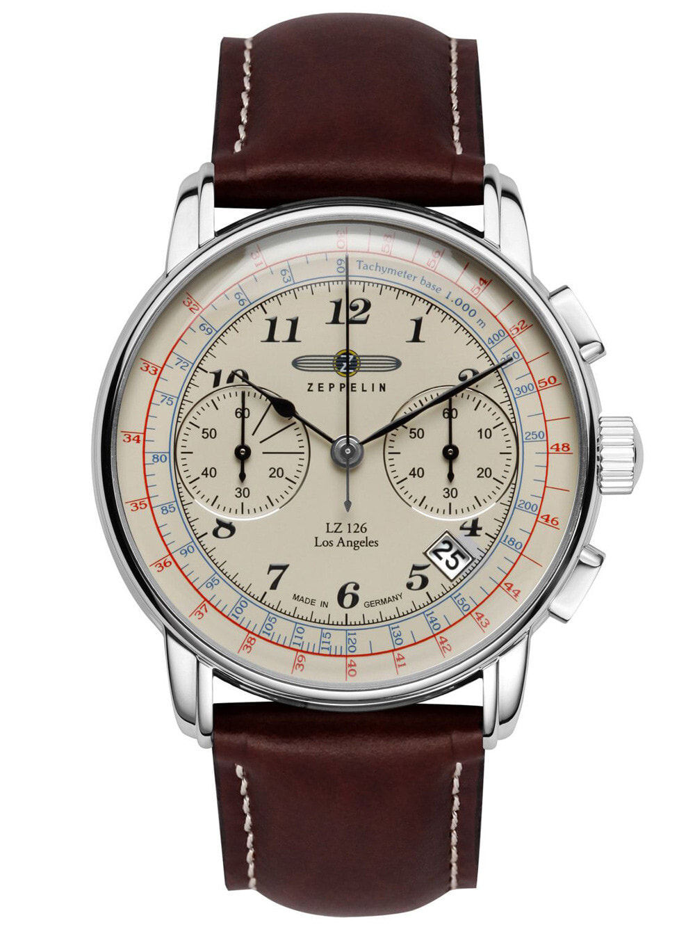 Мужские наручные часы с коричневым кожаным ремешком Zeppelin 7614-5 LZ-127 Chronograph 43mm 5ATM