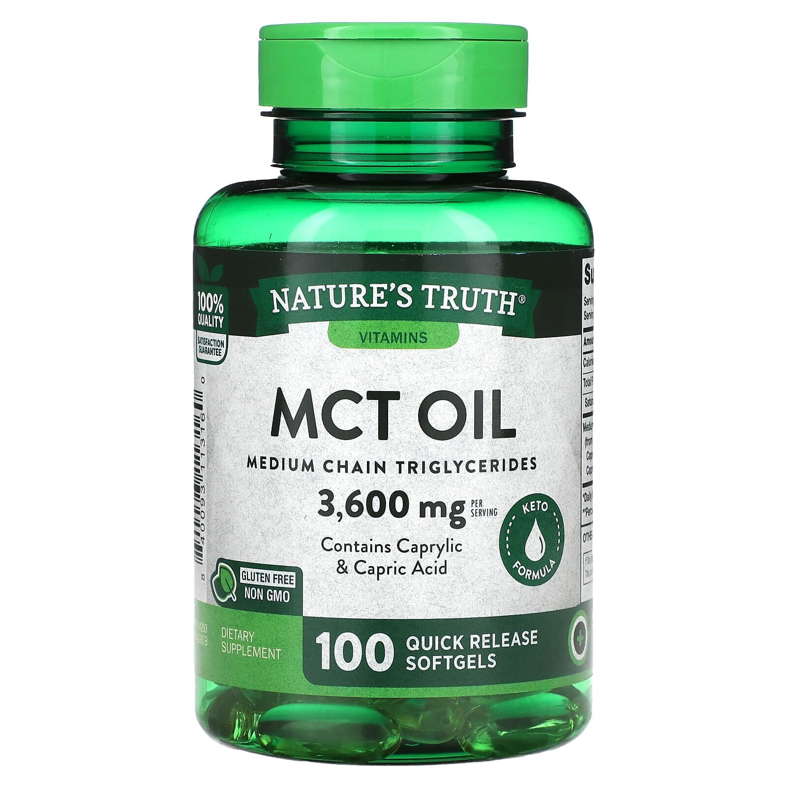 Nature's Truth, Vitamins, масло MCT, 1200 мг, 100 капсул быстрого высвобождения