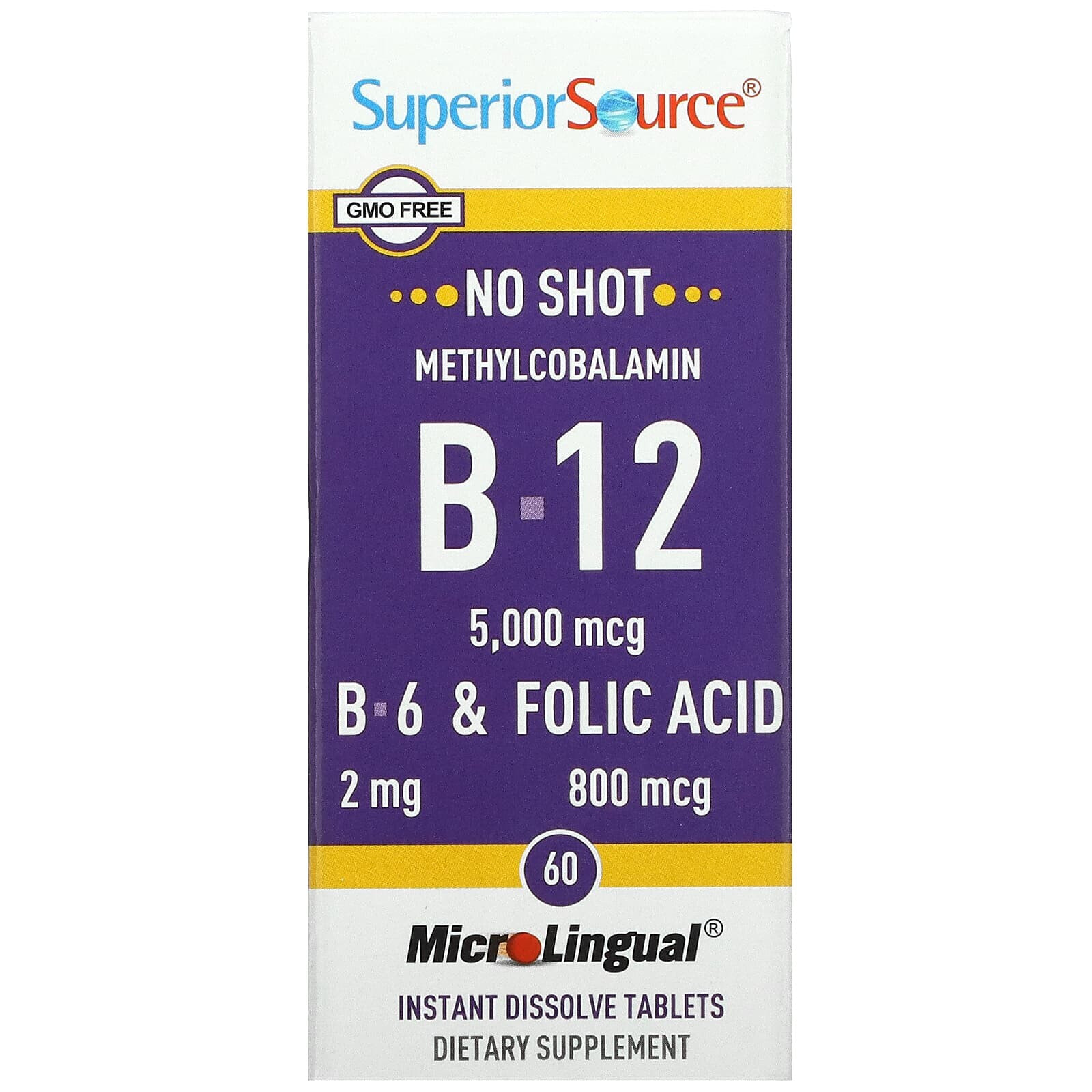 Methylcobalamin B-12, B-6 & Folic Acid, 5,000 mcg, 60 MicroLingual Instant Dissolve Tablets