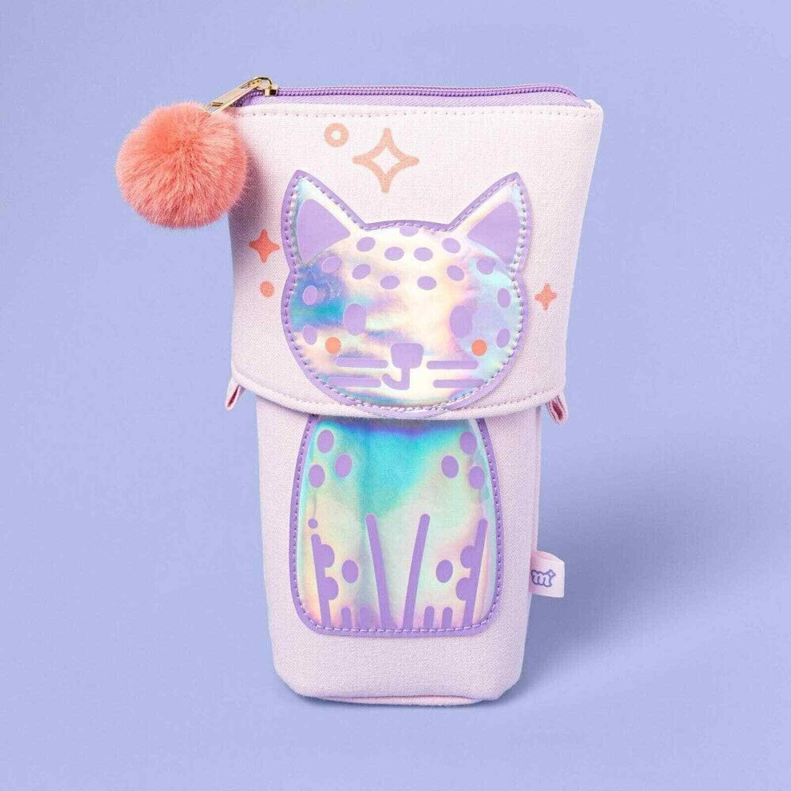 Pastel Pink Kitty Cat Pencil Pouch Flexible with Pom Pom Charm Pencil Pouches