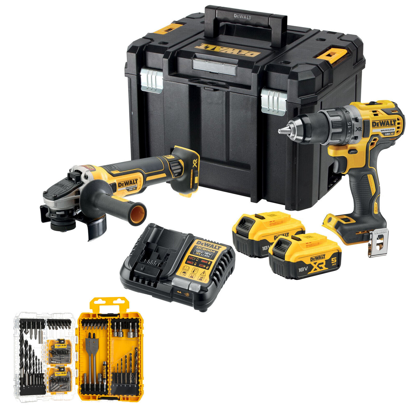 DeWALT Akku-Werkzeug-Set: DCK2020: DCD791 + DCG405 + 2x 5,0 Ah Akku + Lader, TSTAK, Bit-Set