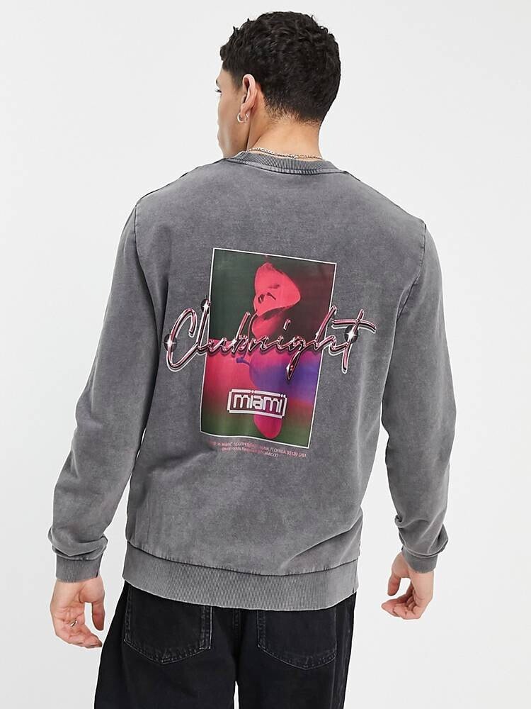 ASOS DESIGN – Sweatshirt in schwarzer Vintage-Waschung mit „Clubnight“-Prints