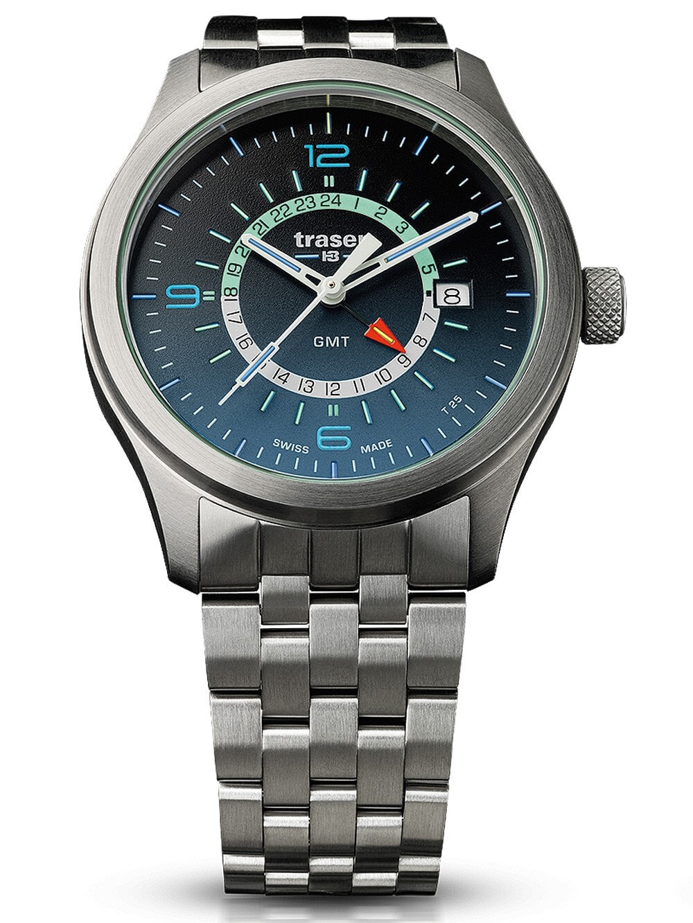 Мужские наручные часы с серебряным браслетом Traser H3 107036 P59 Aurora GMT 42mm 10 ATM