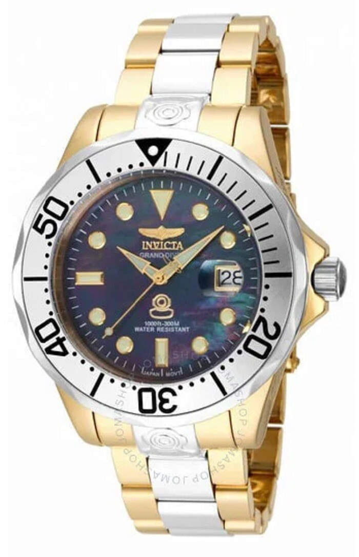 Мужские наручные часы с золотым серебряным браслетом Invicta Pro Diver Automatic Black Mother of Pearl Mens Watch 16034