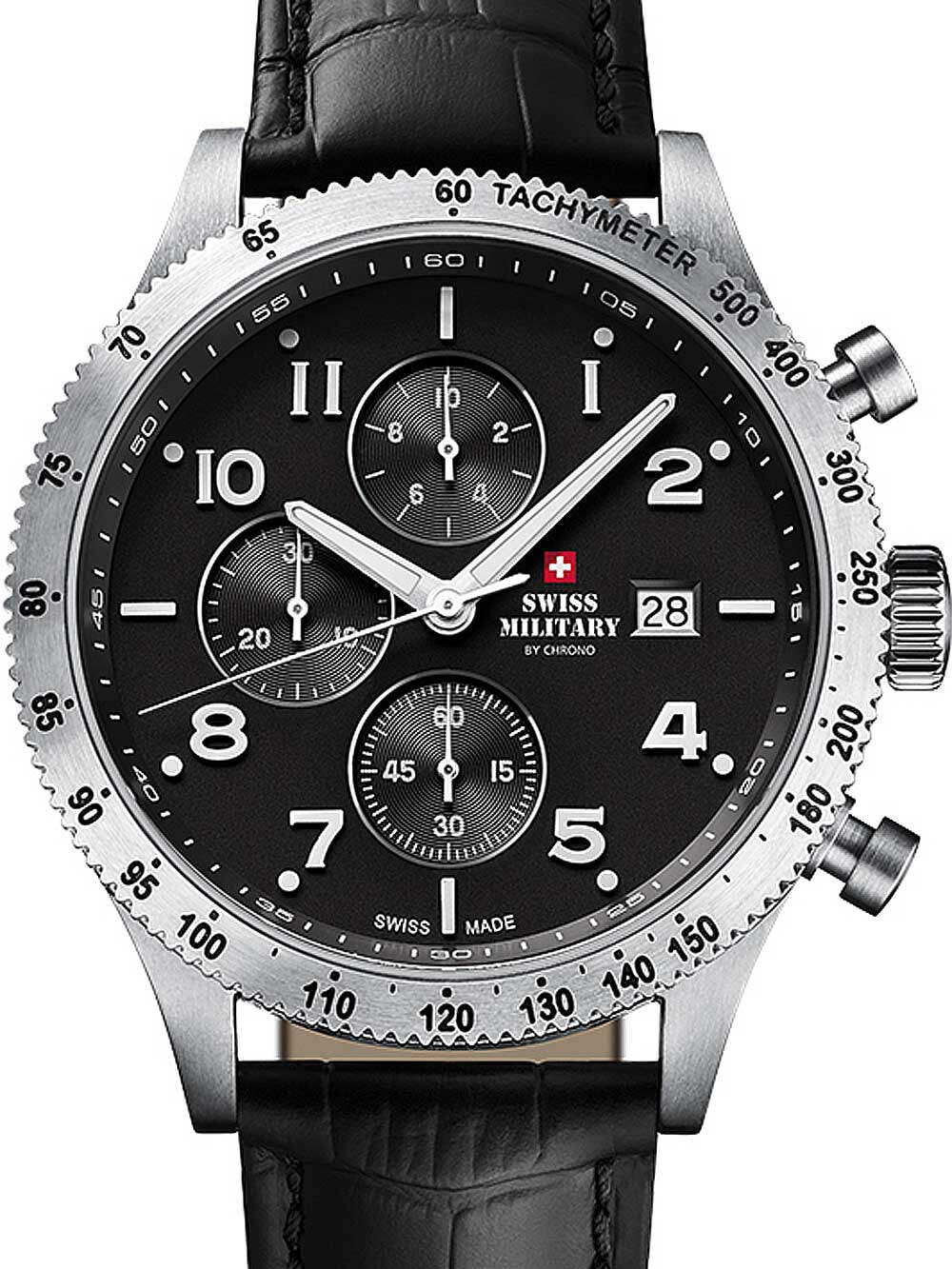 Мужские наручные часы с черным кожаным ремешком  Swiss Military SM34084.05 chrono 42 mm 10ATM