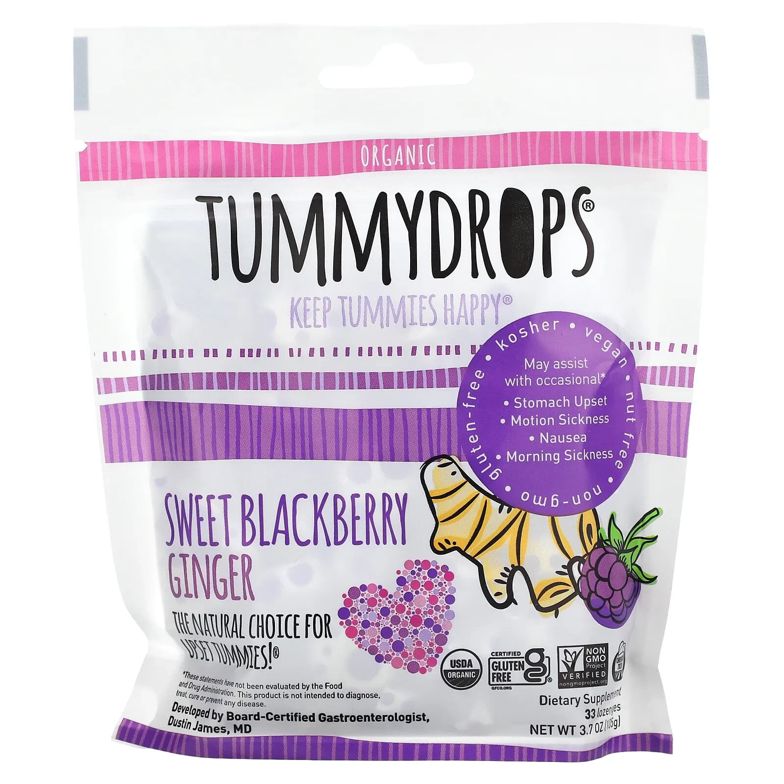 Tummydrops, Органический сладкий ежевика и имбирь, 33 пастилки, 105 г (3,7 унции)