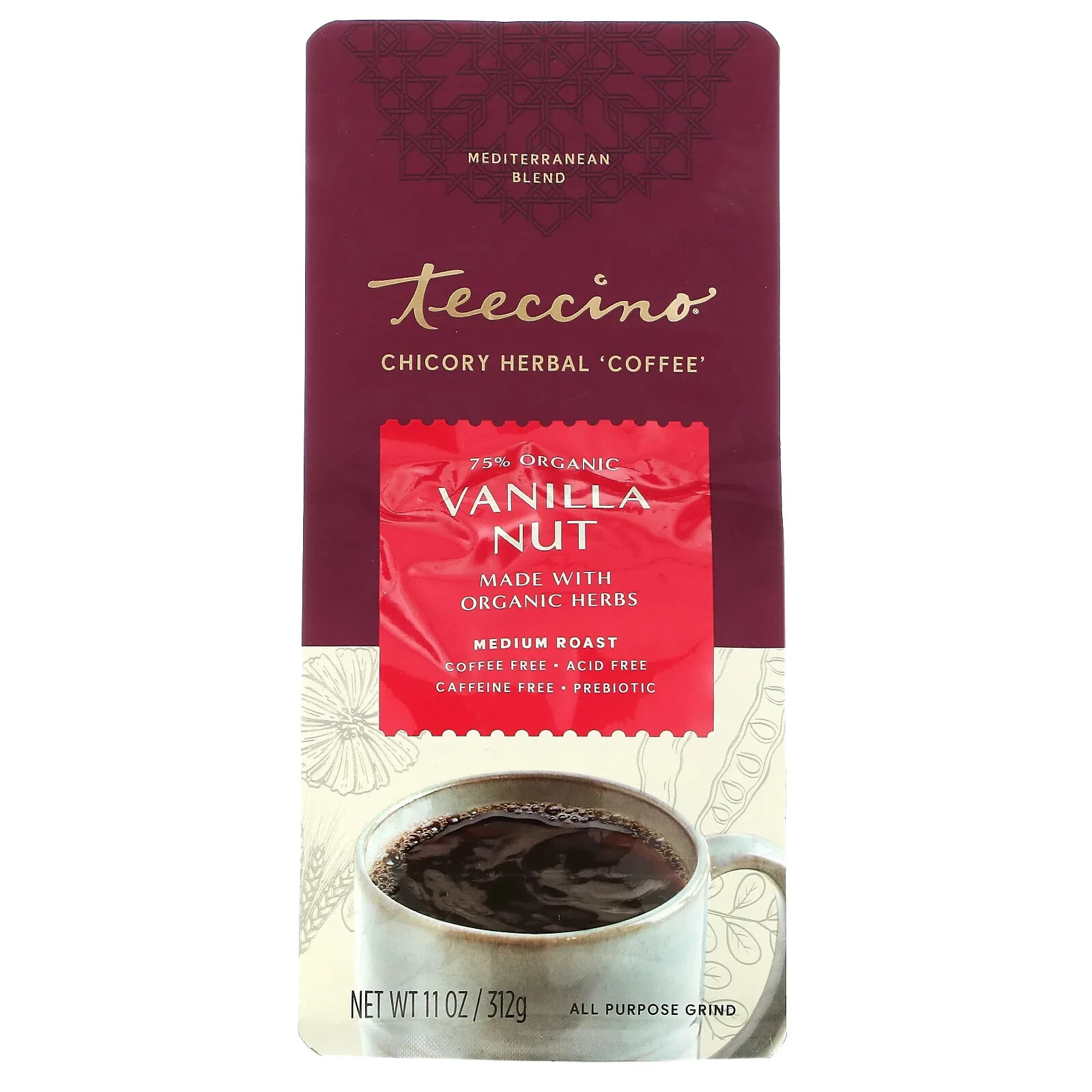 Teeccino, травяной кофе из цикория, средней прожарки, без кофеина, ваниль и орех, 312 г (11 унций)