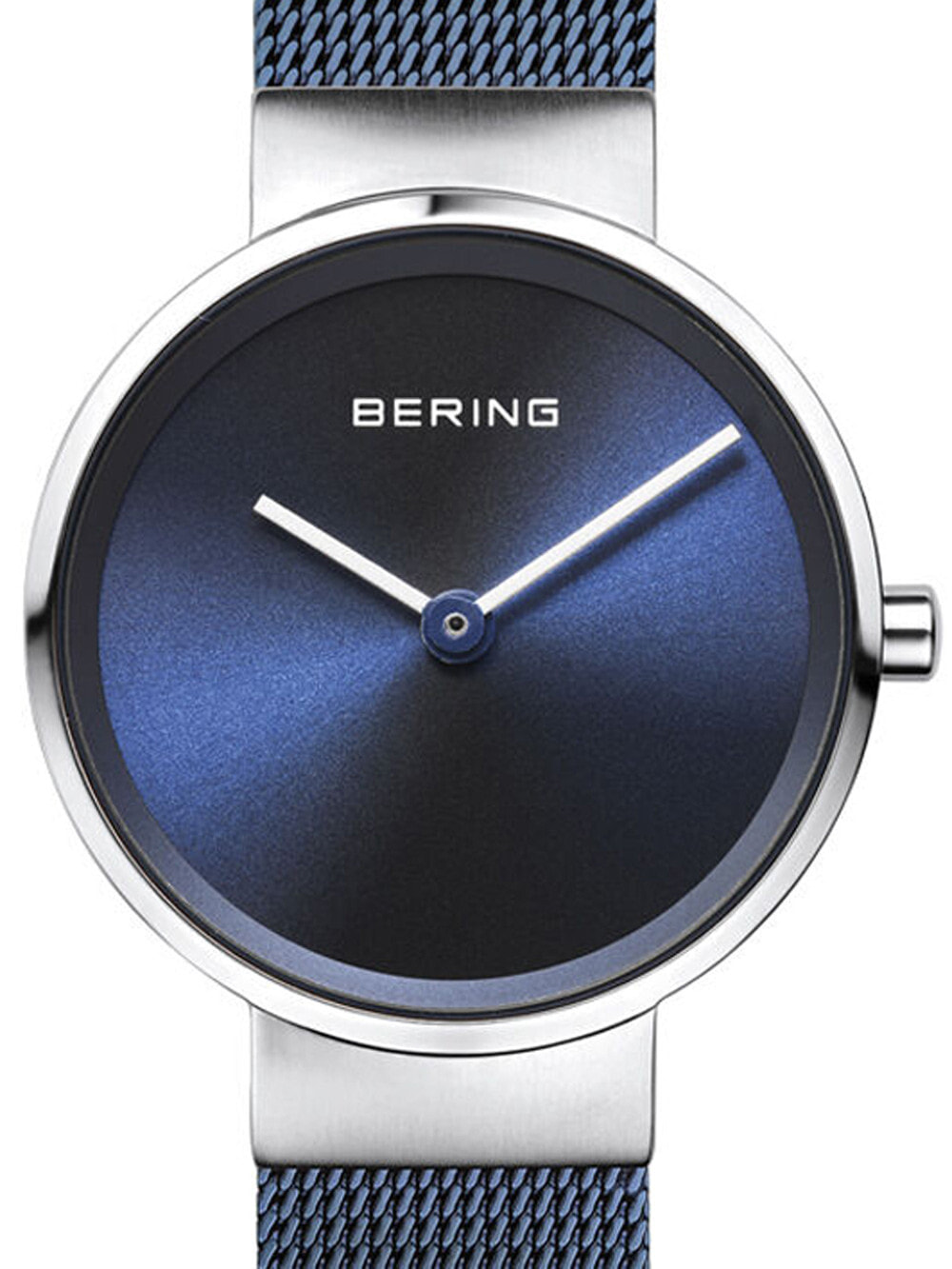 Женские наручные кварцевые часы Bering 14526-307 синие с браслетом миланского плетения