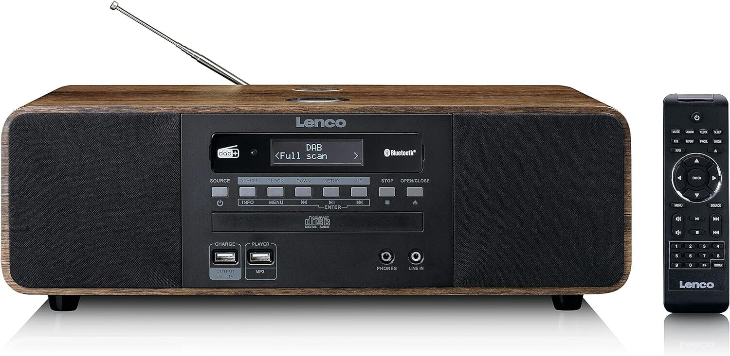 Radio Lenco Dar-051 Dab+ - Compact System - CD / MP3 Player - Bluetooth 5.0 - PLL FM - 2 Hour Alarm - 2 x 10 Watt Rms - Equalizer - Remote Control - RCA Aux In - Wood