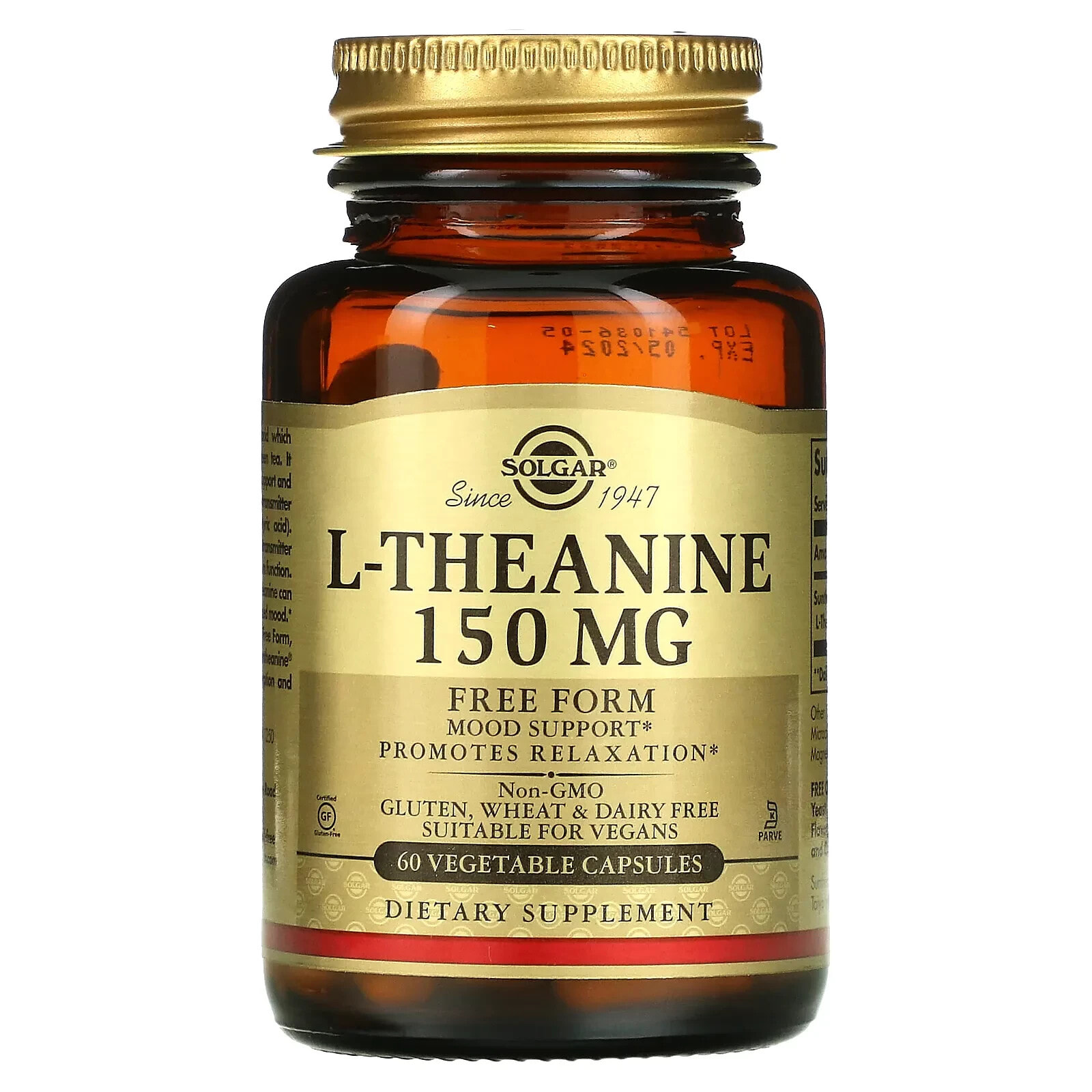 Солгар, L-теанин, в свободной форме, 150 мг, 60 растительных капсул