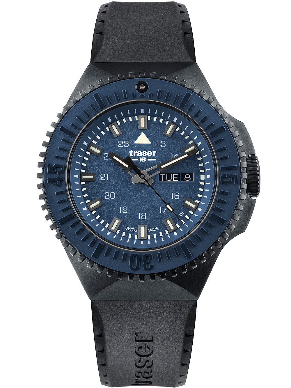 Мужские наручные часы с черным силиконовым ремешком  Traser H3 109857 P69 Black-Stealth Blue 46mm 20ATM
