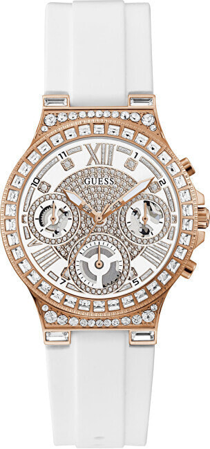 Женские часы аналоговые со стразами на циферблате прорезиненный белый браслет Guess