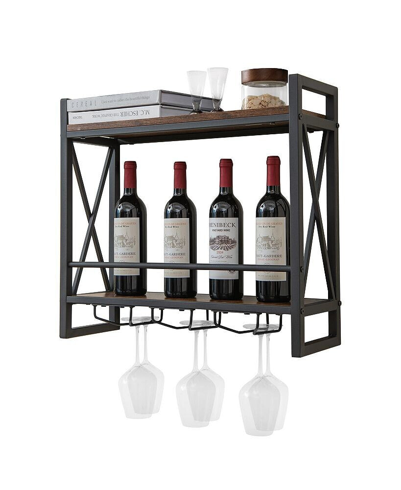 SUGIFT industrial Wall Mounted Wine Rack with 3 Stem Glass Holders