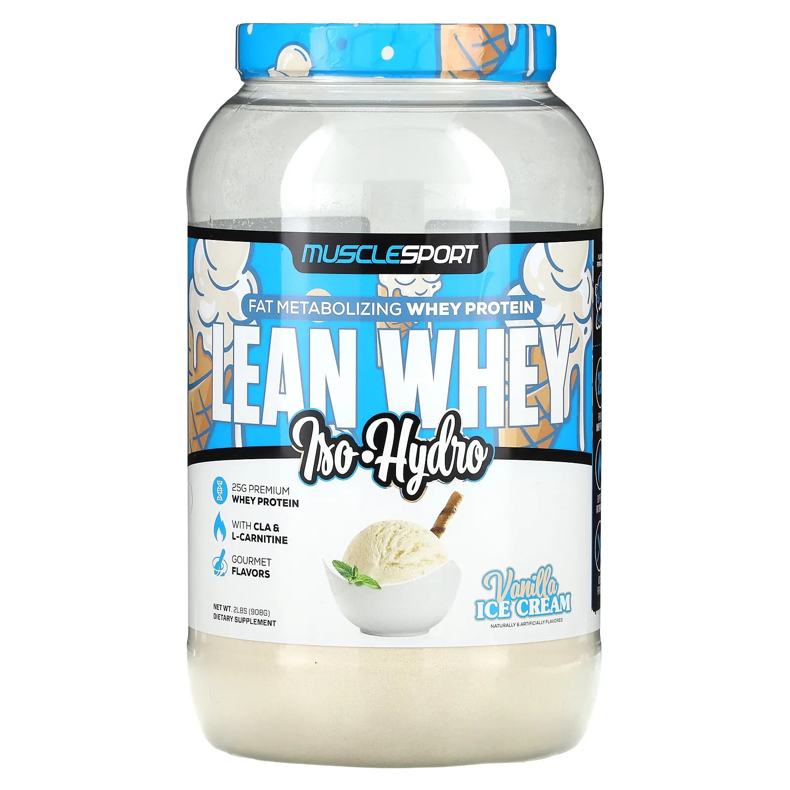 MuscleSport, Lean Whey, Iso-Hydro, Vanilla Ice Cream, 2 lbs (908 g)