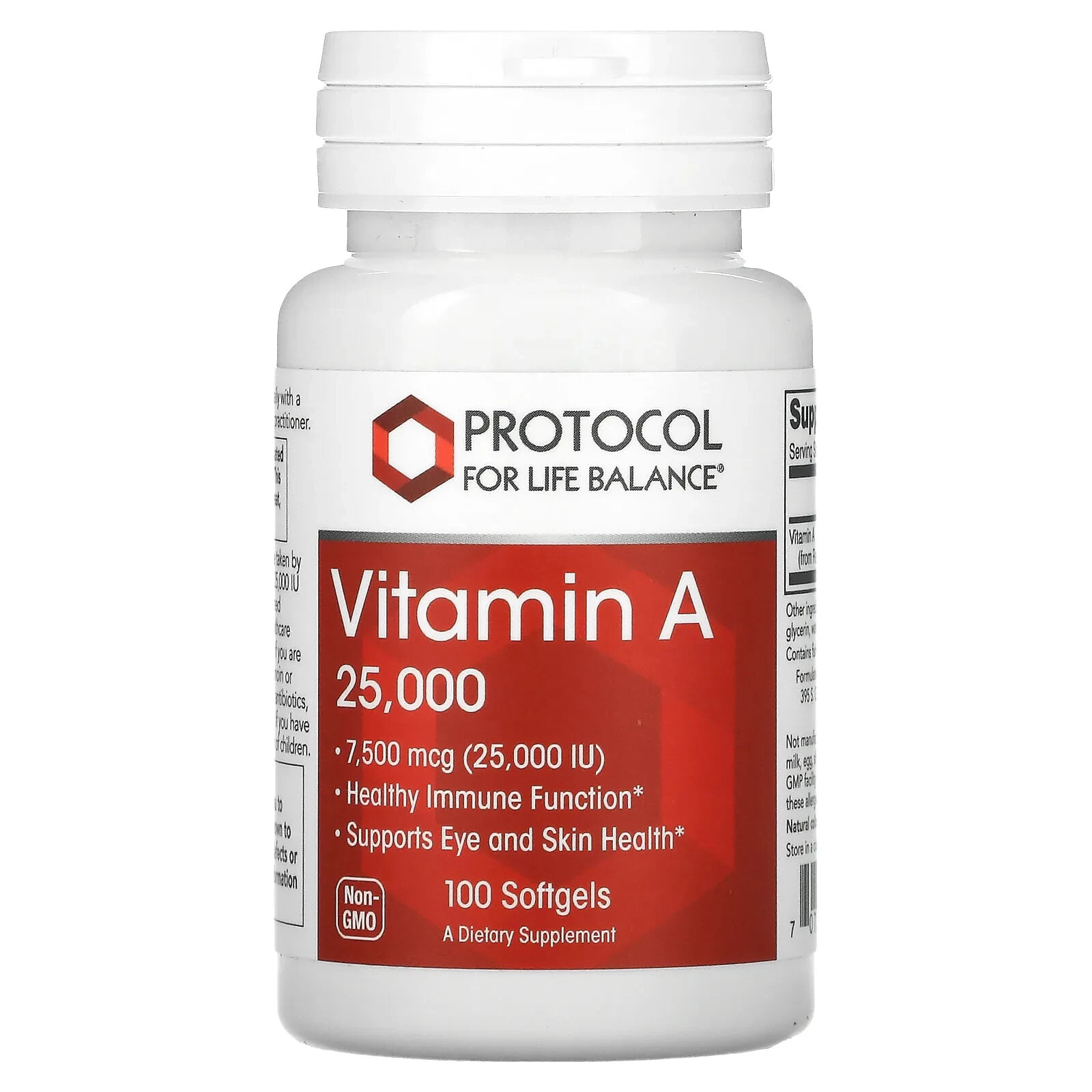Protocol for Life Balance, Витамин A, 7500 мкг (25000 МЕ), 100 мягких таблеток