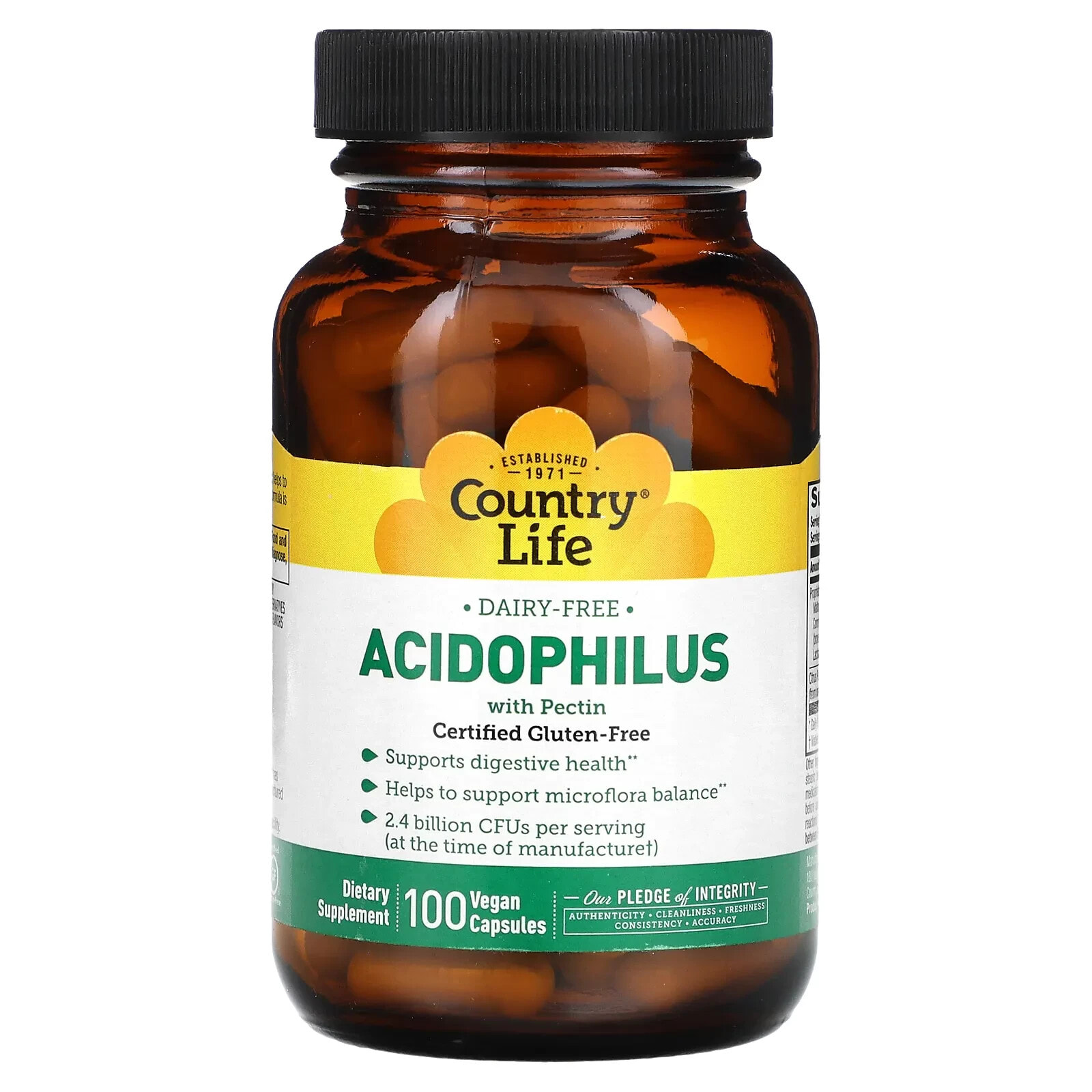 Country Life, Acidophilus, добавка с ацидофильными лактобактериями с пектином, 250 веганских капсул