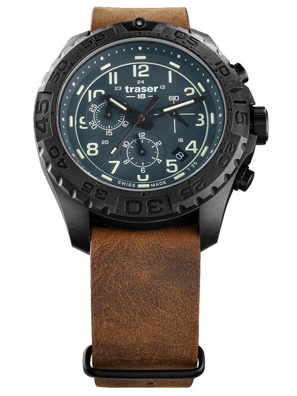 Мужские наручные часы с коричневым кожаным ремешком Traser H3 109049 P96 OdP Evolution petrol Chronograph 44mm 20ATM