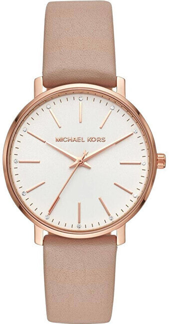 Женские наручные кварцевые часы Michael Kors сталь с розовым PVD покрытием, циферблат украшен кристаллами,  кожаный ремешок, водозащита 50WR,  стекло минеральное.