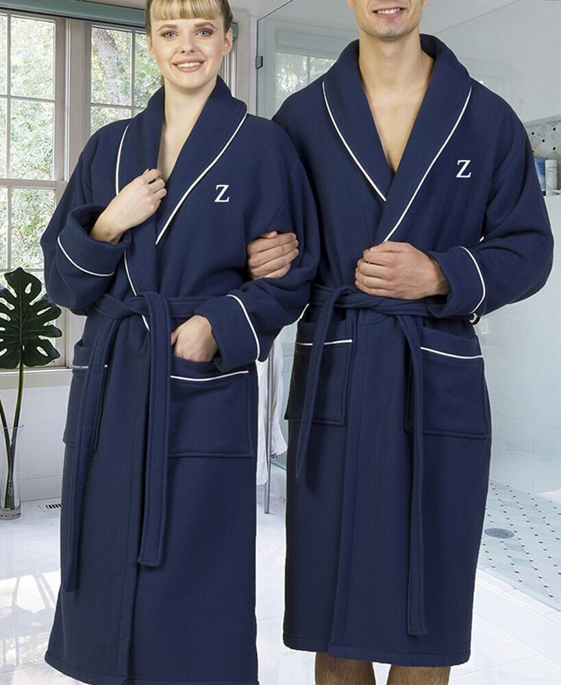 Linum Home personalized 100% Turkish Cotton Waffle Terry Bath Robe - Navy