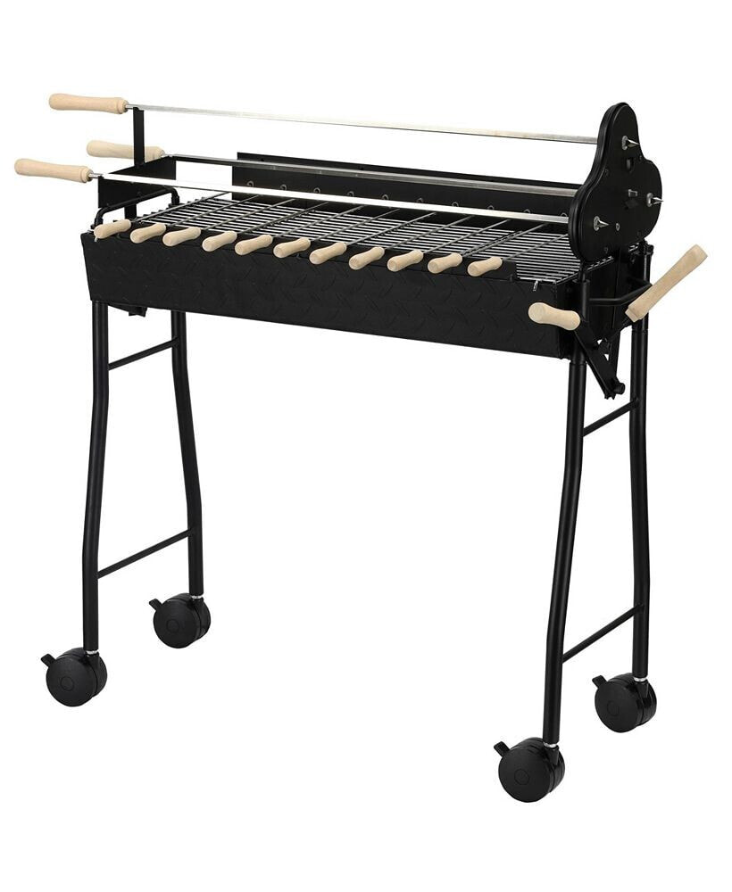 Outsunny portable Charcoal BBQ Grills Steel Rotisserie Outdoor Cooking Height Adjustable with 4 Wheels Large / Small Skewers Portability for Patio, Backyard, Black
