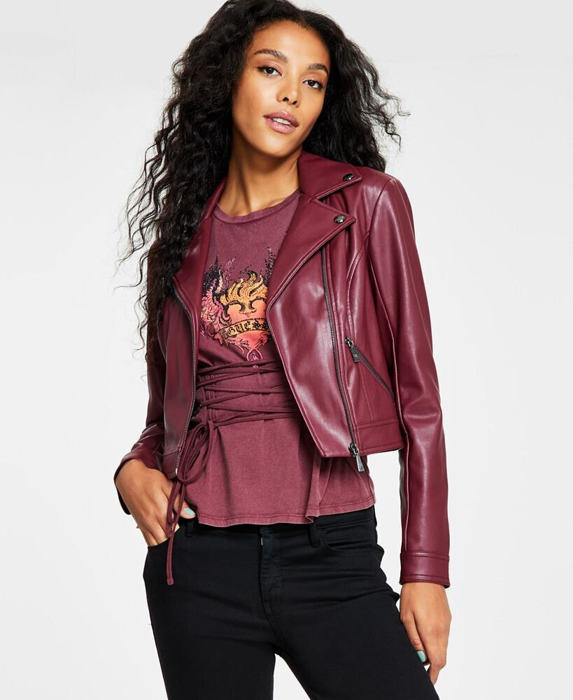 GUESS women's Venom Cropped Moto Long-Sleeve Zipper Jacket Pleather