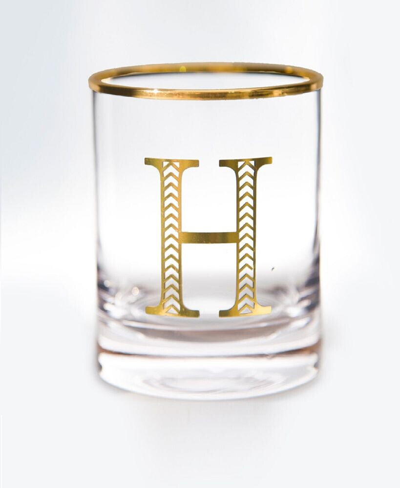 Qualia Glass monogram Rim and Letter H Double Old Fashioned Glasses, Set Of 4