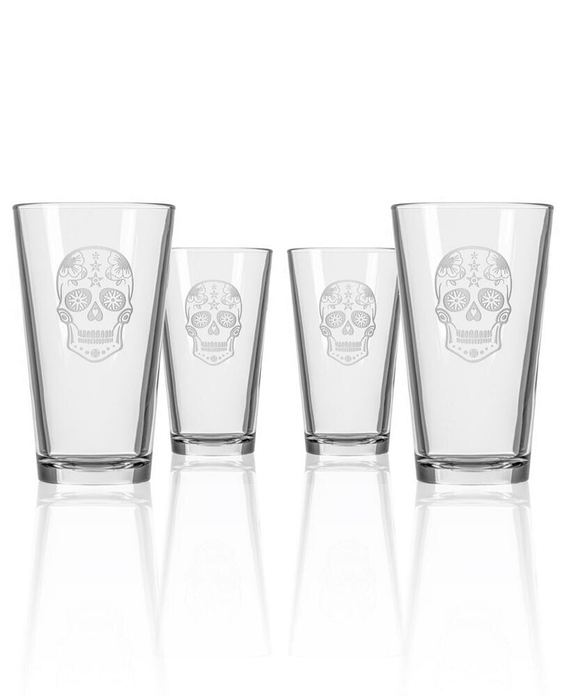 Sugar Skull Pint Glass 16Oz - Set Of 4 Glasses