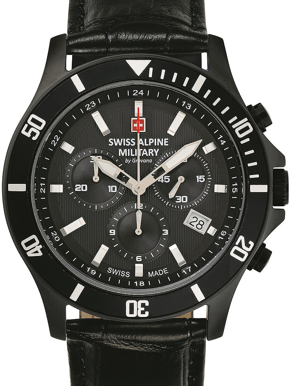 Мужские наручные часы с черным кожаным ремешком  Swiss Alpine Military 7022.9577 chronograph 42mm 10ATM