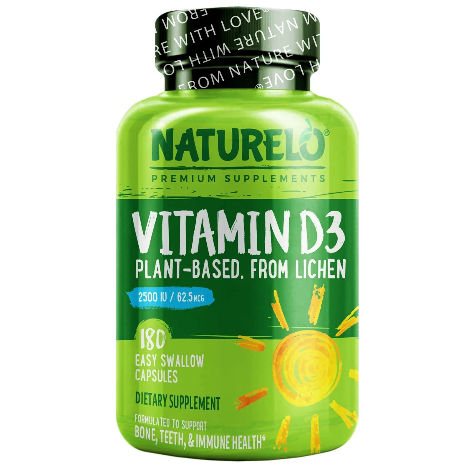Vitamin D3, Plant-Based from Lichen, 62.5 mcg (2,500 IU), 180 Easy Swallow Capsules