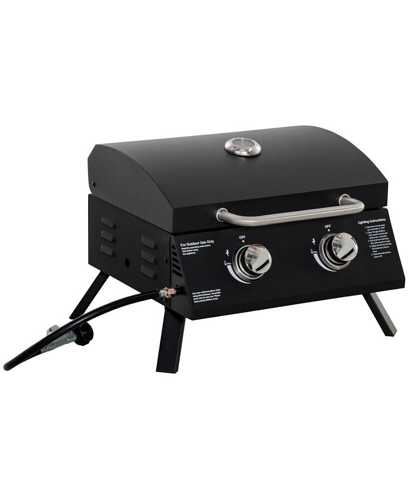 Outsunny 2 Burner Propane Gas Grill Outdoor Portable Tabletop BBQ with Foldable Legs, Lid, Thermometer for Camping, Picnic, Backyard, Black