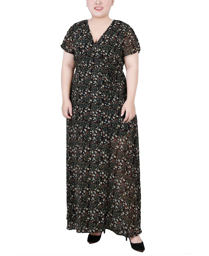 NY Collection plus Size Short Sleeve Tie Closure Wrap Chiffon Maxi Dress