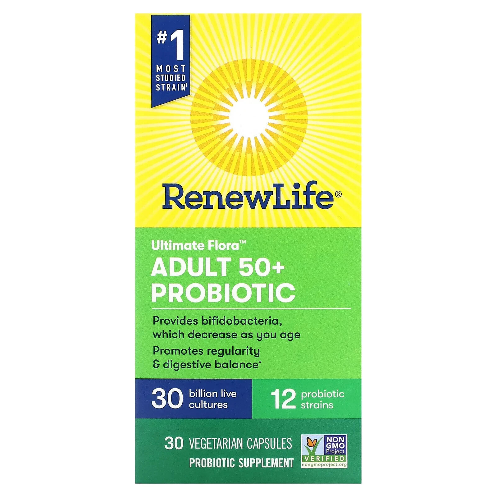 Renew Life, Ultimate Flora, пробиотик для взрослых старше 50 лет, 30 млрд живых культур, 60 вегетарианских капсул