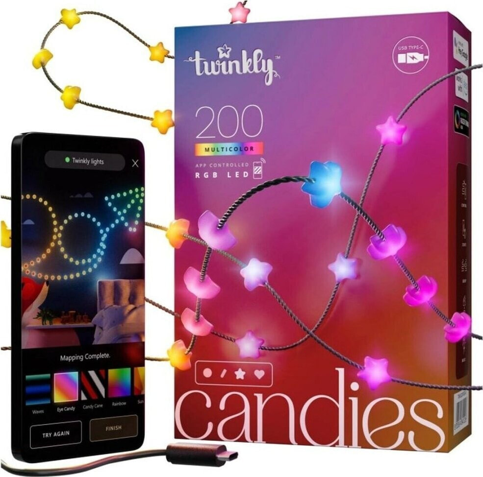 Lampki choinkowe Twinkly Twinkly Candies - 200 Lampki w kształcie gwiazd RGB LEDs, zielony przewód, USB-C