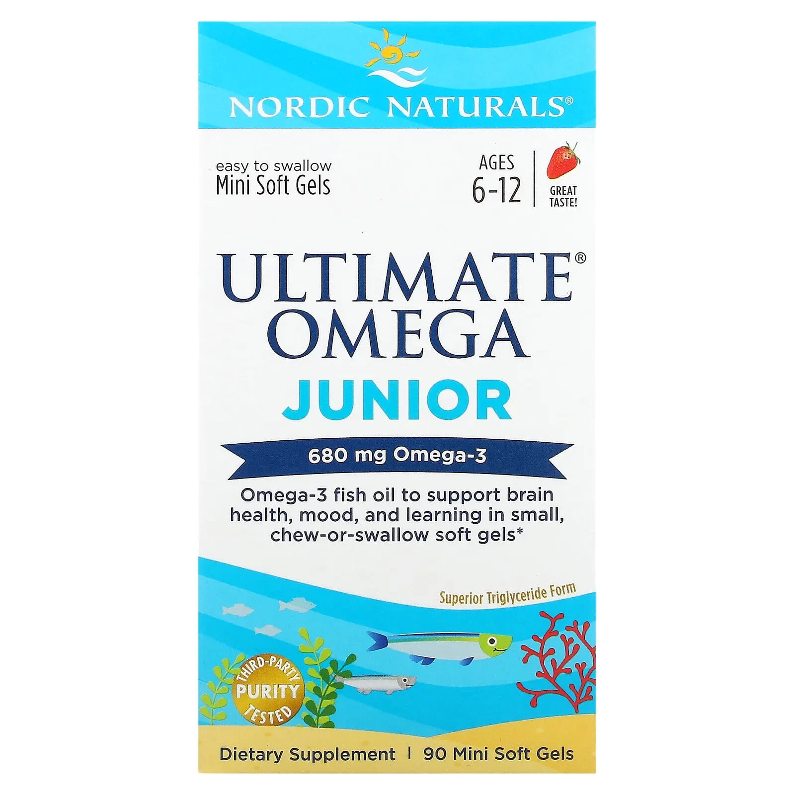 Нордик Натуралс, Ultimate Omega Junior, для детей от 6 до 12 лет, со вкусом клубники, 340 мг, 90 мини-капсул