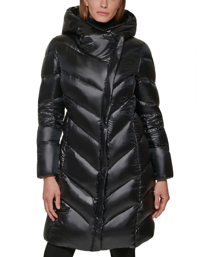 Calvin klein women's puffer long coat with faux deals fur trimmed hood