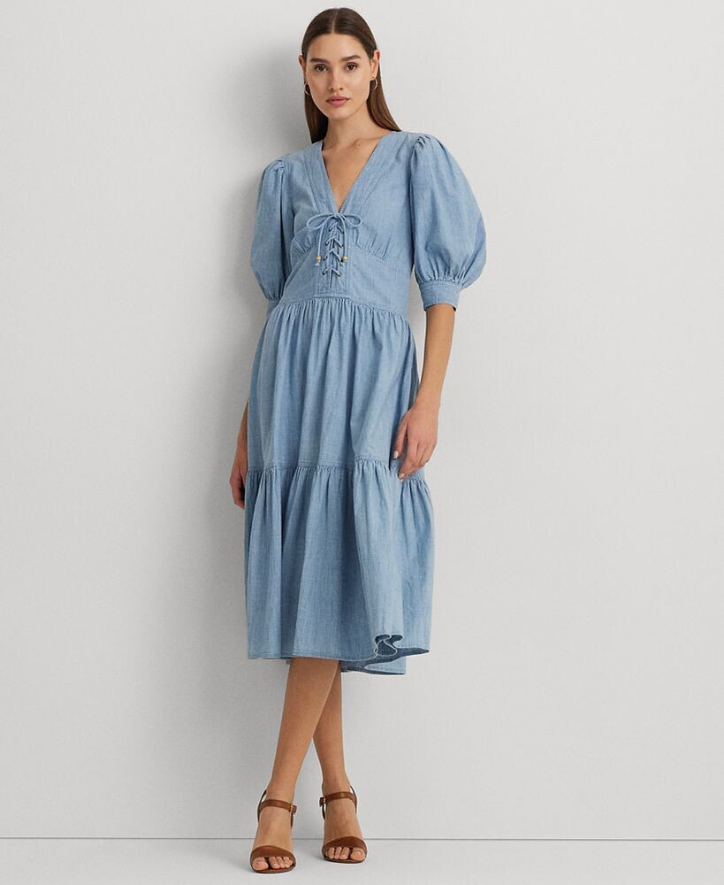 Lauren Ralph Lauren petite Cotton Chambray Puff-Sleeve Dress