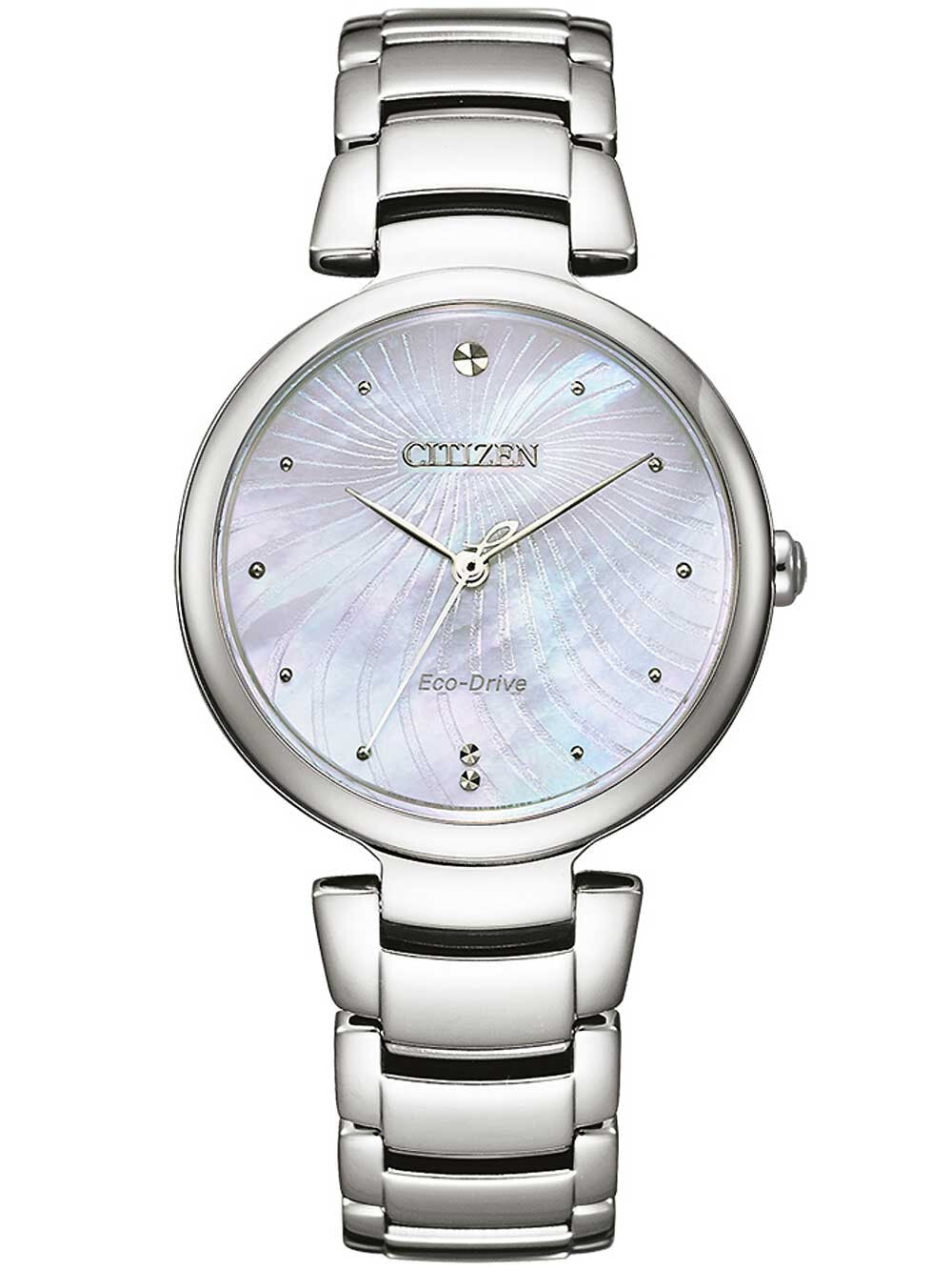 Женские наручные кварцевые часы Citizen дизайн выгодно подчеркивается яркими переливами перламутра.  Система Eco-Drive, не требующая замены батарейки. Питание от солнечной энергии, запас энергии на 180 дней. Функция индикации заряда (EOL) и предотвращения