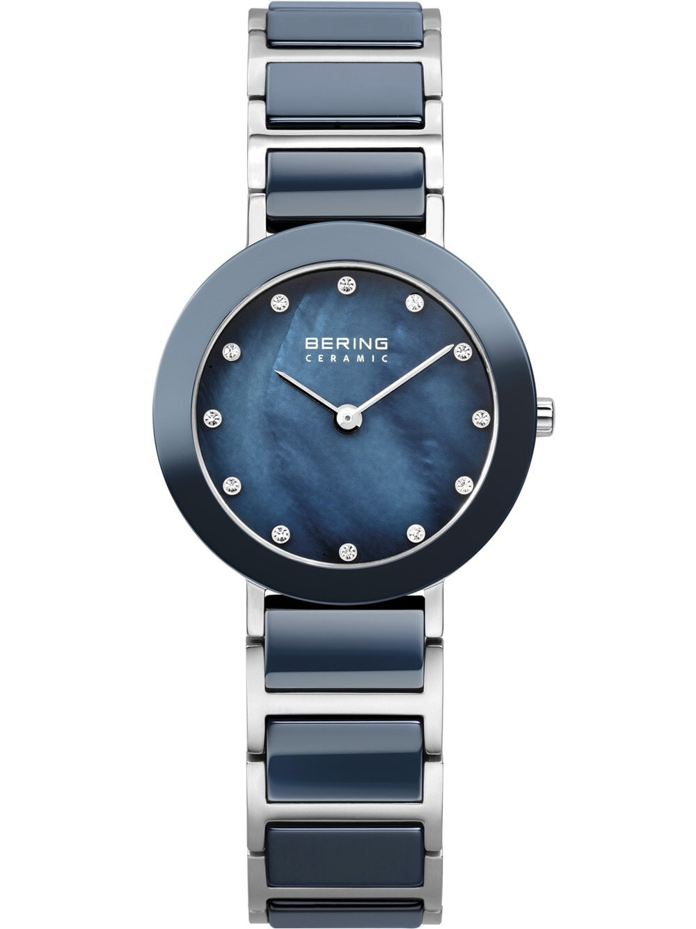 Женские наручные кварцевые часы Bering циферблат перламутровый синий украшен кристаллами Swarovski, сталь с керамическими вставками.