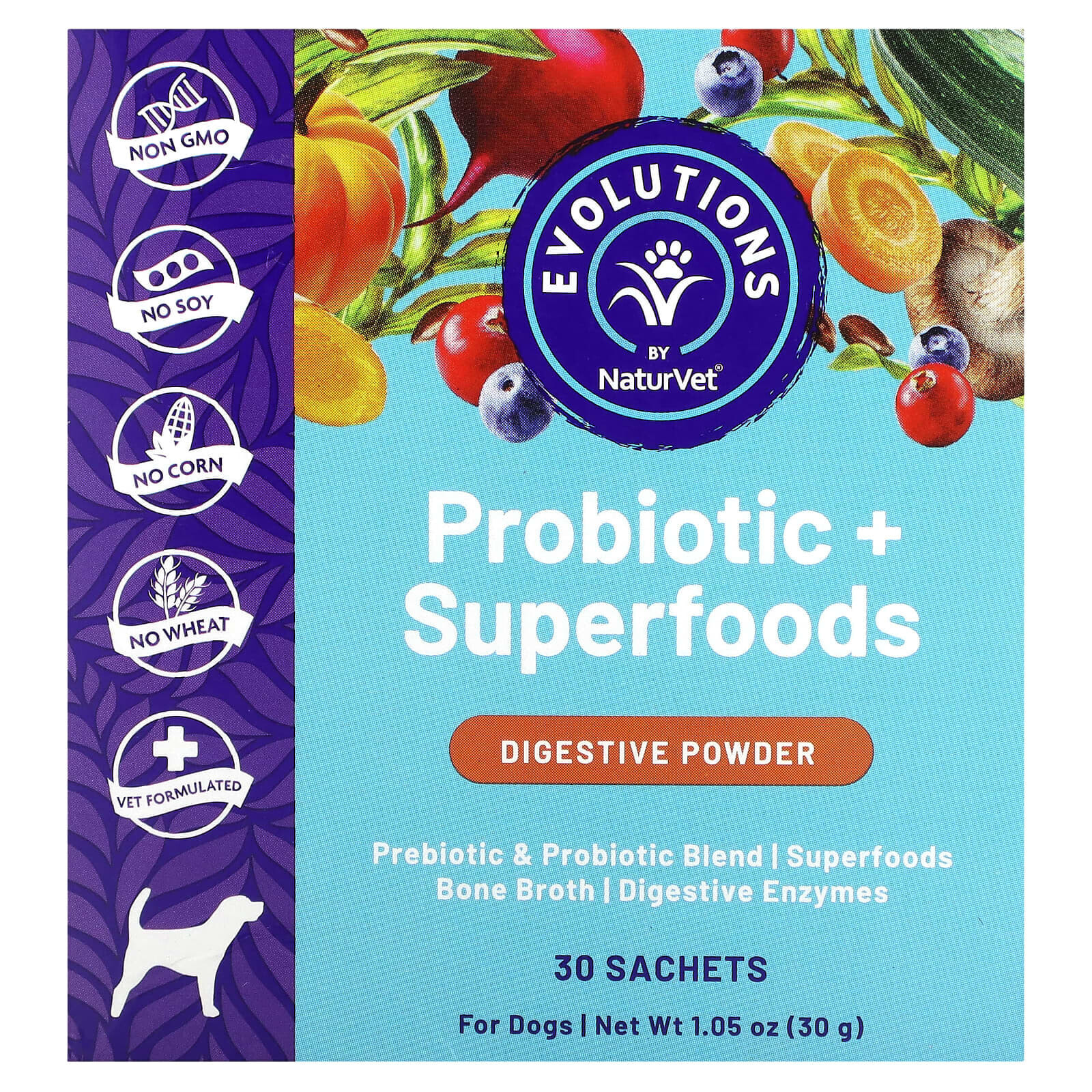 NaturVet, Пробиотики и суперпродукты, пищеварительный порошок, для собак, 30 пакетиков по 1 г (0,03 унции)
