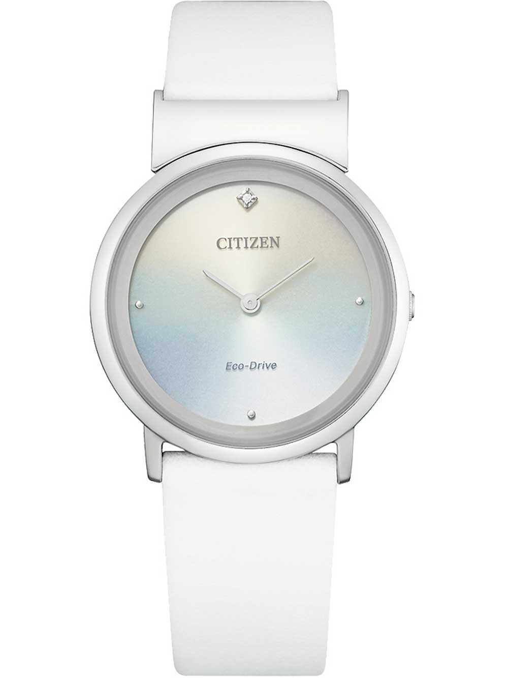 Женские наручные кварцевые часы Citizen  Ультратонкие. Система Eco-Drive, не требующая замены батарейки. Питание от солнечной энергии, запас энергии на 240 дней. Функция индикации заряда (EOL) и предотвращения перезарядки. Метки в виде точек. Прочное сапф