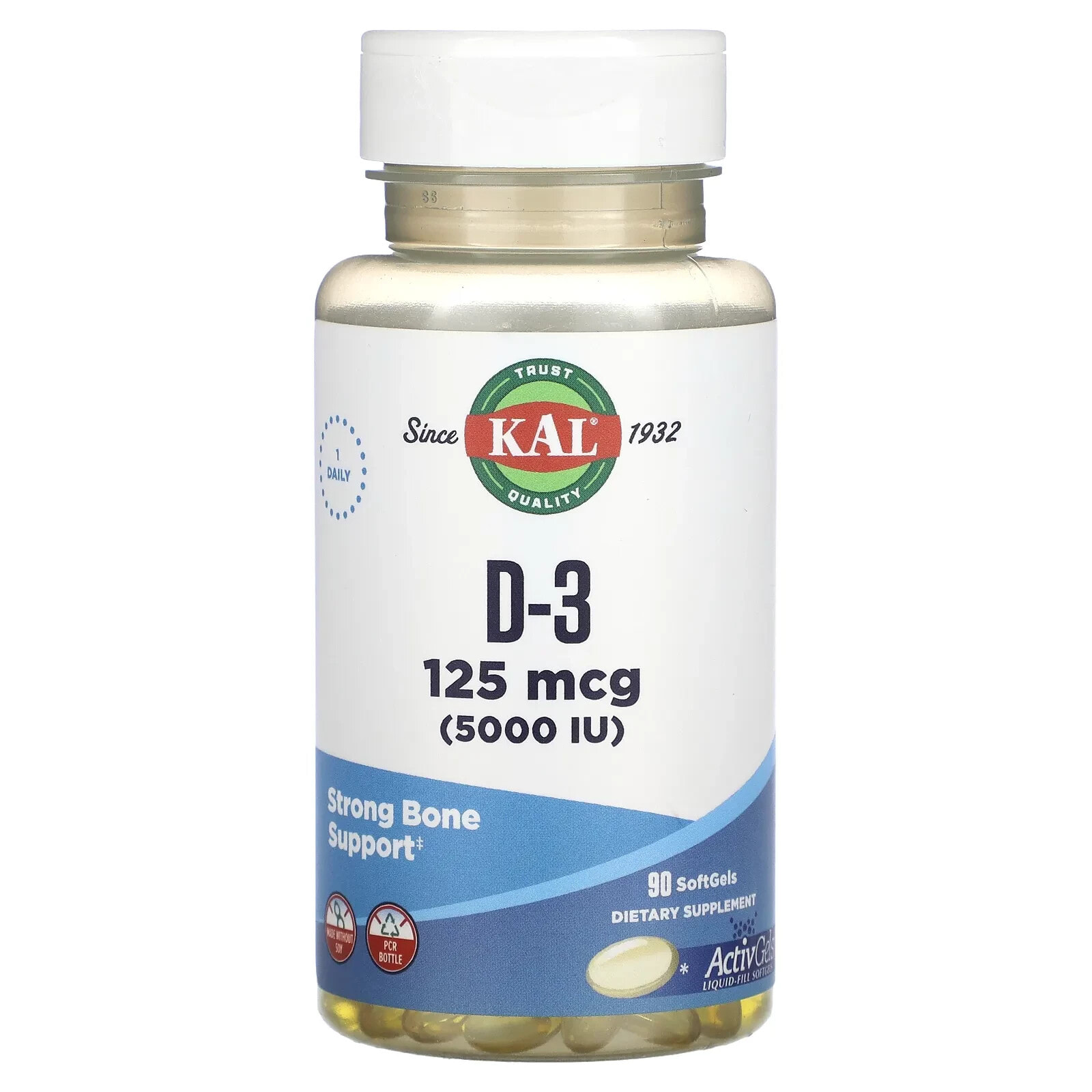 KAL, D-3, 25 мкг (1000 МЕ), 100 мягких таблеток