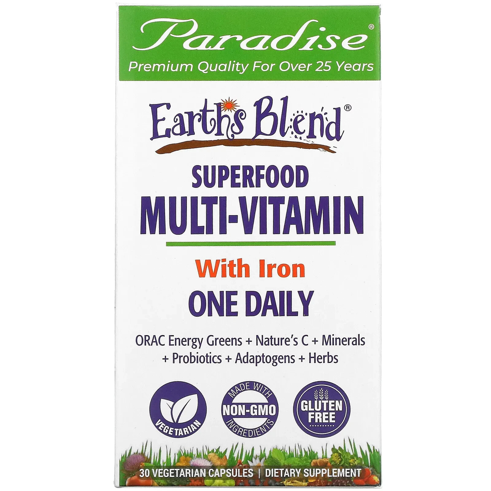 Paradise Herbs, Earth's Blend, One Daily Superfood Multi-Vitamin with Iron, 60 Vegetarian Capsules