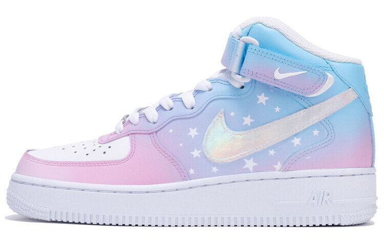 【定制球鞋】 Nike Air Force 1 Mid '07 空军一号 CS 星星 小香风 镭射 手绘喷绘贴布 高帮 板鞋 男款 白蓝粉 / Кроссовки Nike Air Force CW2289-111