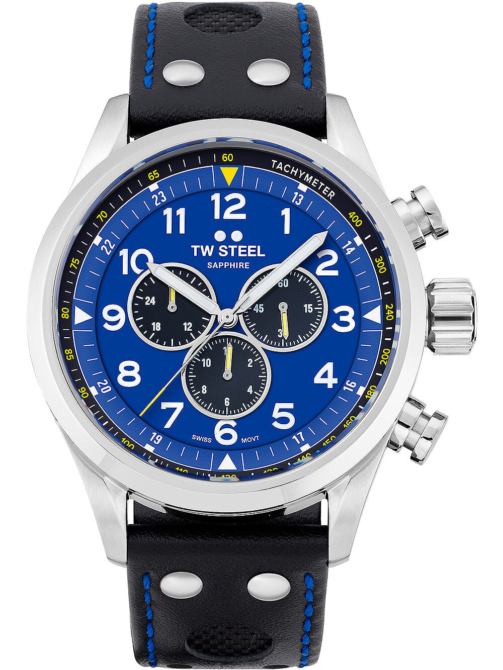 Мужские наручные часы с черным кожаным ремешком TW-Steel SVS305 Volante chronograph Petter Solberg 48mm 10ATM