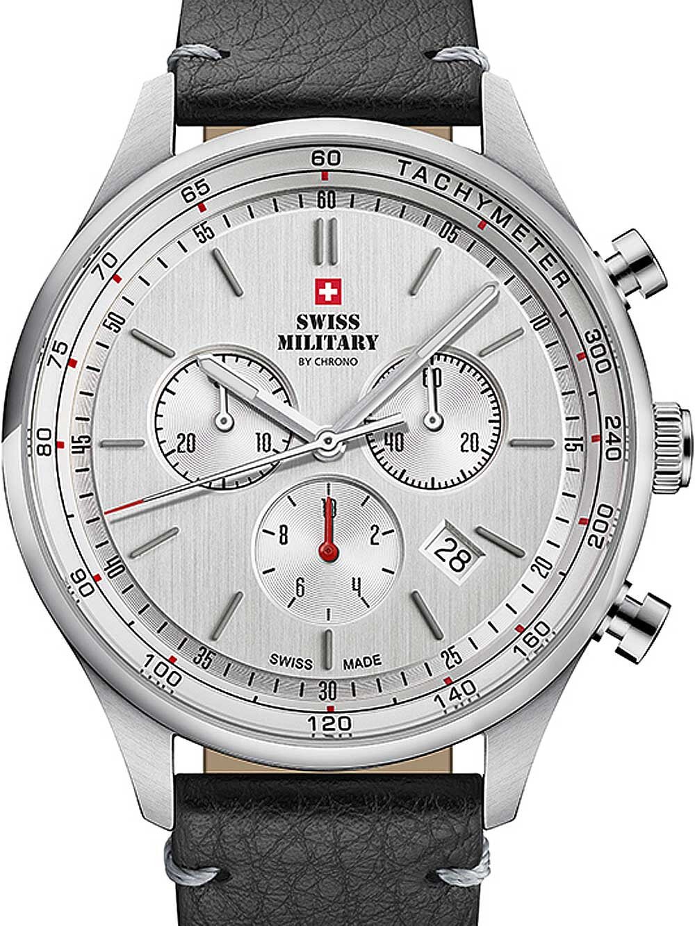 Мужские наручные часы с черным кожаным ремешком  Swiss Military SM34081.07 chrono 42mm 10ATM
